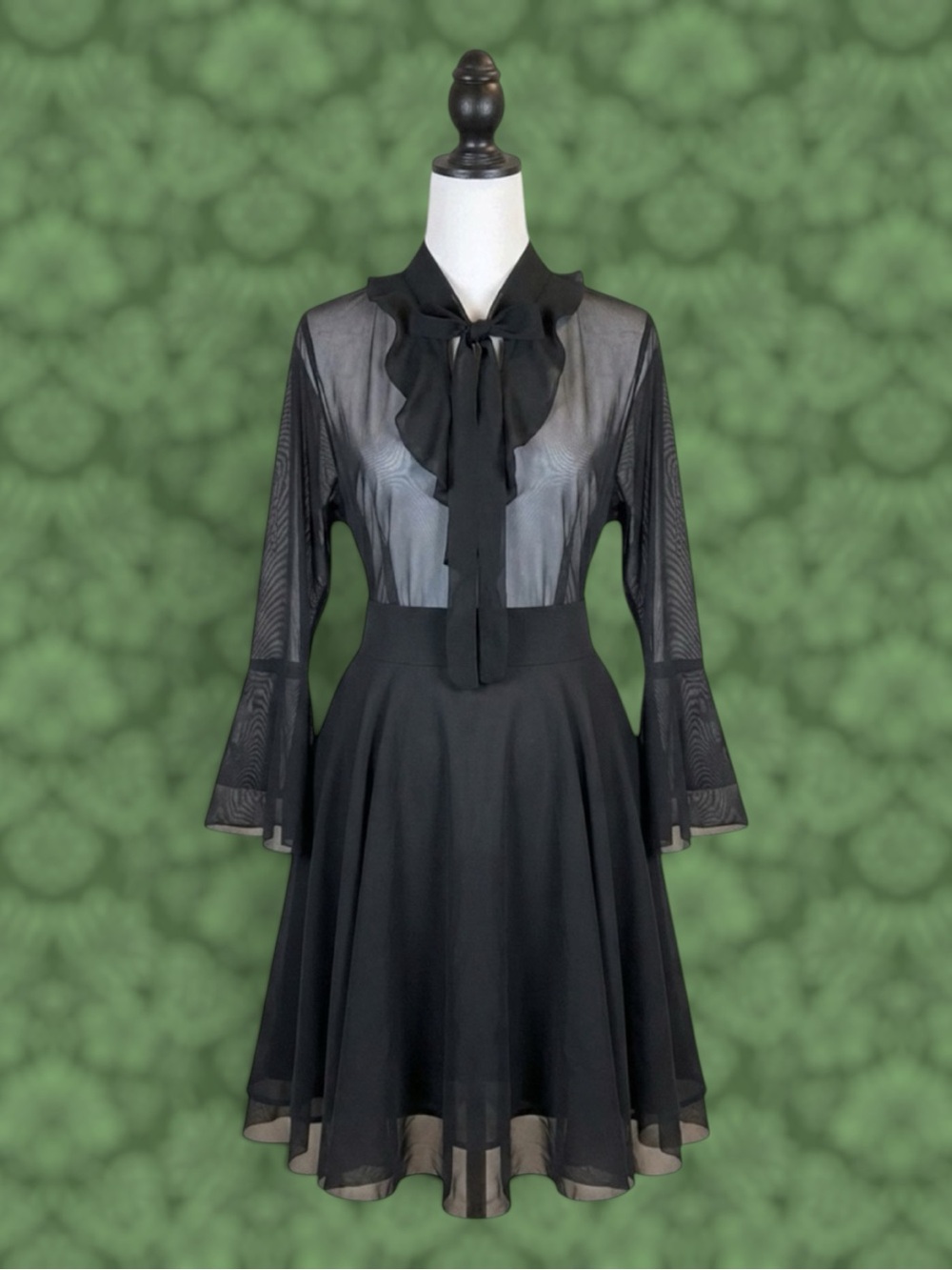 Killstar Dress Black Sheer Mesh Tie Neck Bell Sleeve Goth Whimsigoth XL NWT
